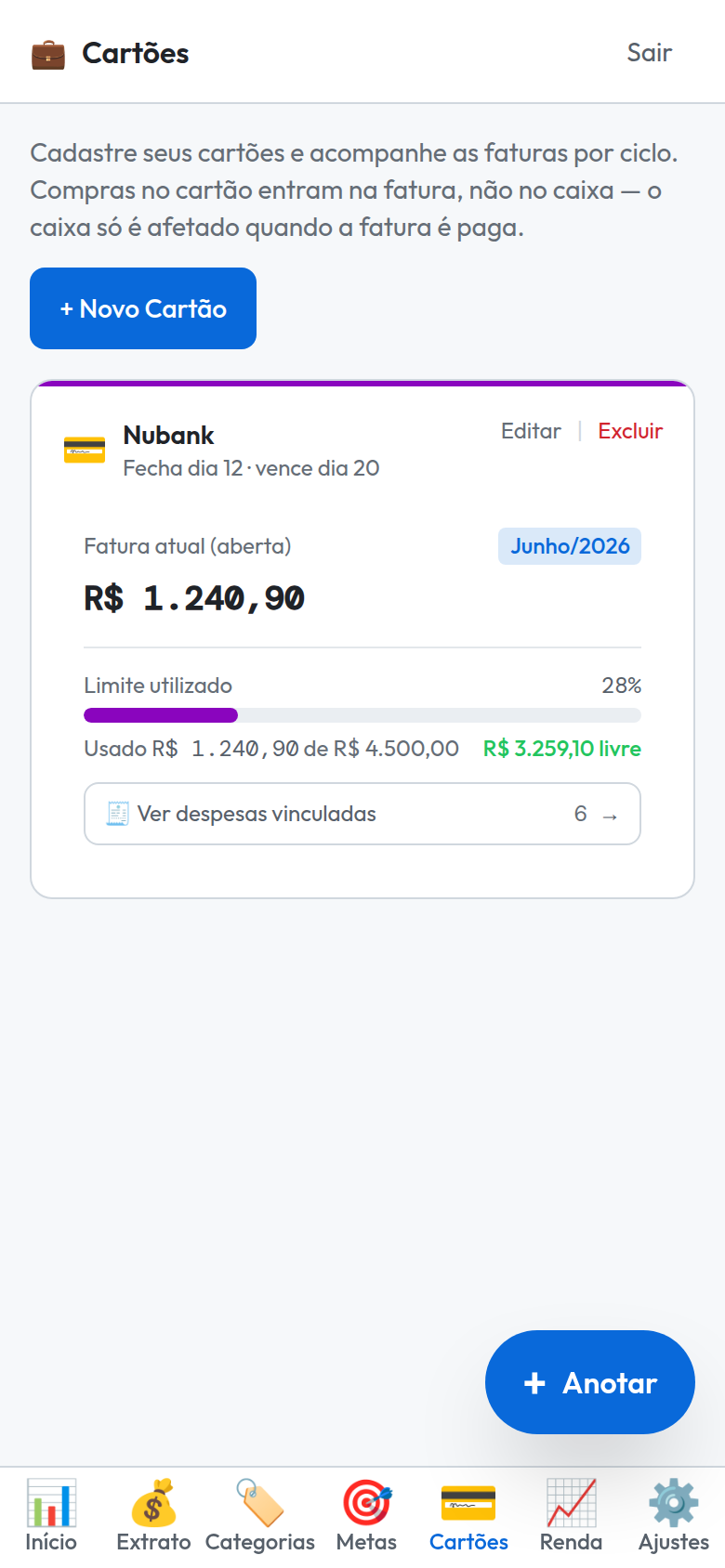 Cartão Nubank com fatura aberta de R$ 1.240,90, fechamento dia 12 e vencimento dia 20