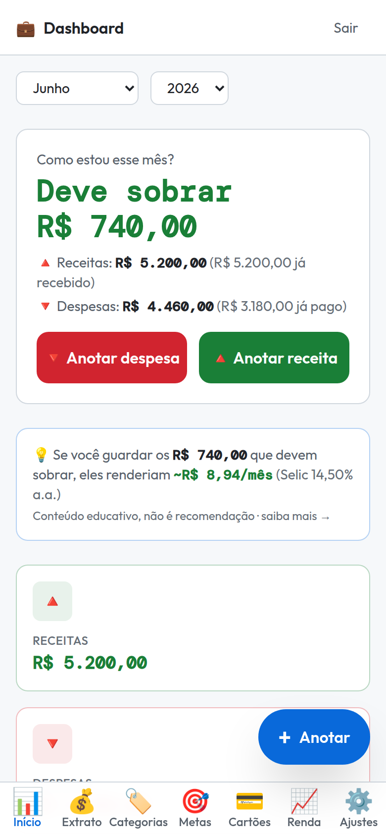 Painel do app mostrando: Deve sobrar R$ 740,00 este mês