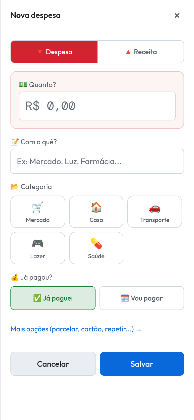 Formulário de nova despesa com 4 perguntas: quanto, com o quê, categoria e já pagou